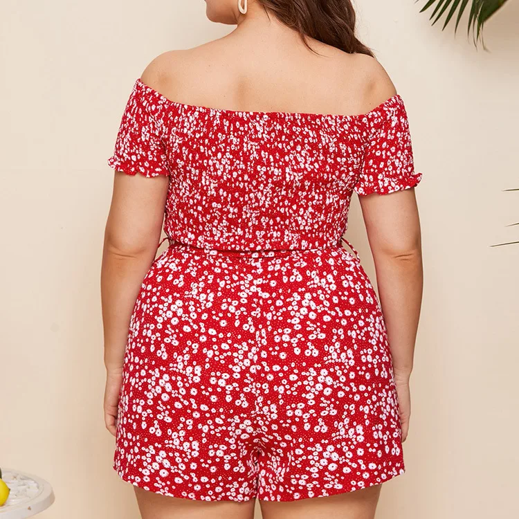 

2021 Summer Red Florals Printing Women Short Jumpsuits Plus Size Beach Holidays Sexy Slash Neck Short Sleeve Skinny Rompers