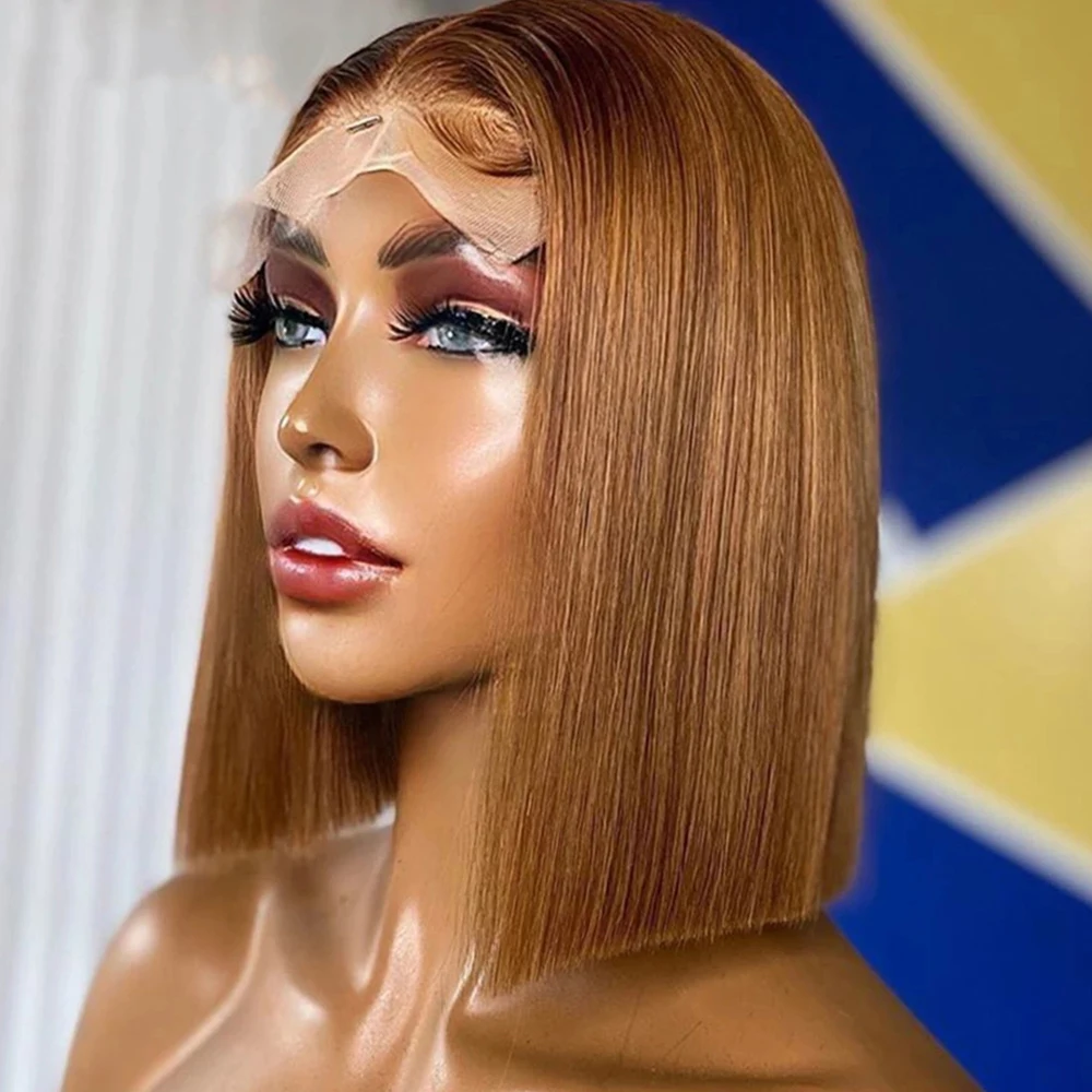 

#27 Color Short BOB Straight Human Hair Lace Front Wigs With Natural Hairline Brazilian Remy Hair Golden Wig Baby Hair For Women