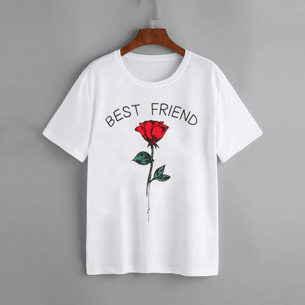 Женские футболки с надписью Best Friend и принтом розы повседневные топы летняя