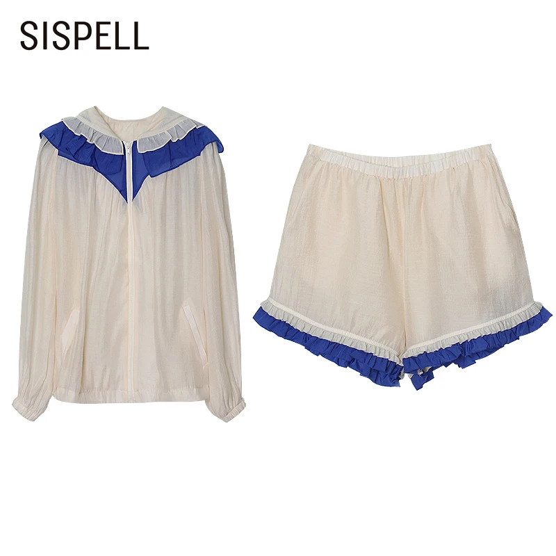 

SISPELL Patchwork Ruffle Suits For Female With Hat Lantern Long Sleeve Coat With High Waist Shorts Women's Set Fashion New 2021