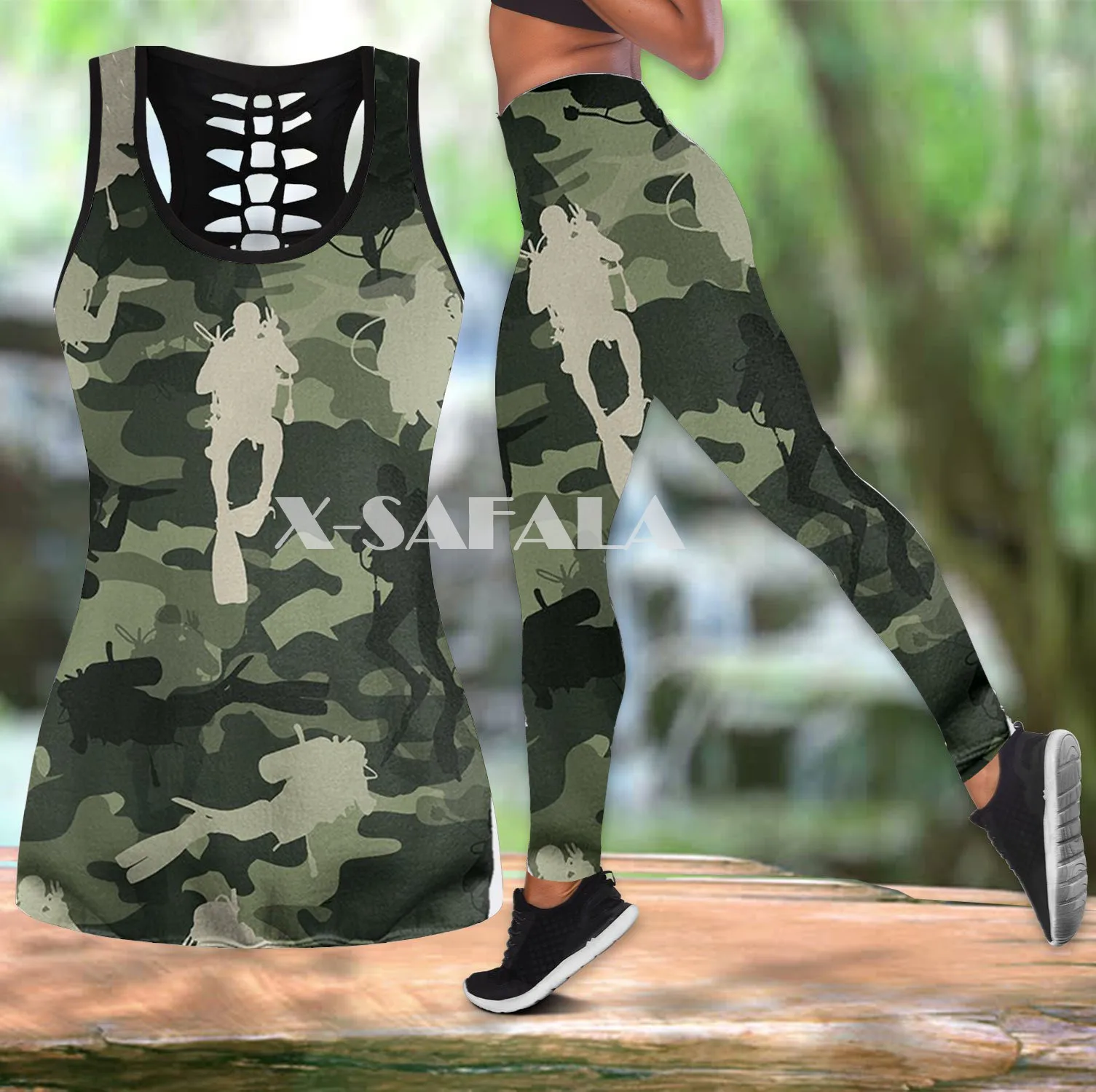 

Beautiful Scuba Diving Art Art Two Piece Yoga Set Women 3D Print Hollow Out Tank Top High Waist Legging Summer Casual Sport-3