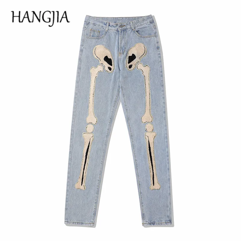 

High Street Distressed Washed Ripped Jeans for Men Skull Bone Flocking Embroidery Patch Skinny Denim Pants for Women 2021