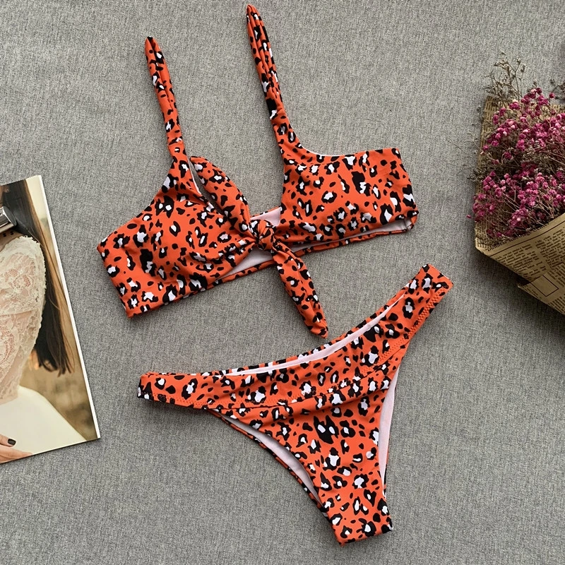 

New European American Bikini Leopard Print Swimsuit Ladies Chest Knotted Swimwear Split Two-Piece Suits Beach Wear Dropship