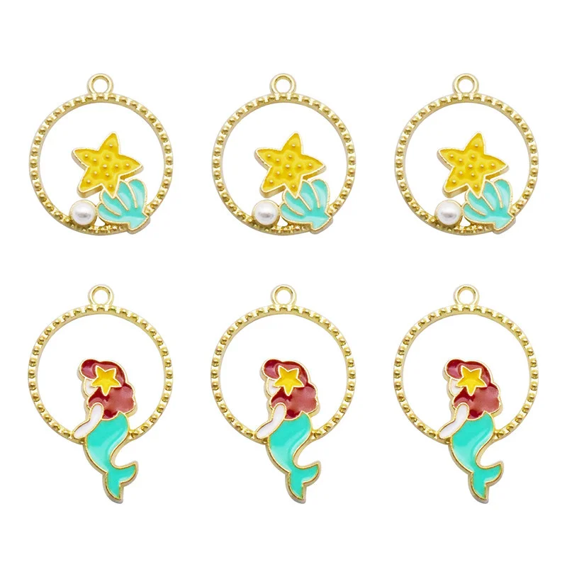 

Julie Wang 12PCS Round Enamel Mermaid Shell Starfish Charms Cartoon Marine Life Alloy Pendant Bracelet Jewelry Making Accessory