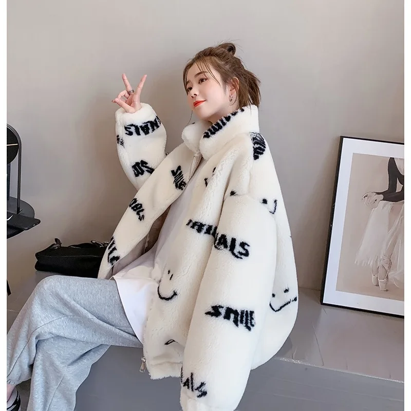 Genuine Sheep Fur Coat Short Print Flower Winter Clothes Women Zipper Long Sleeves Natural Sheepskin Ladies Overcoats Abrigos