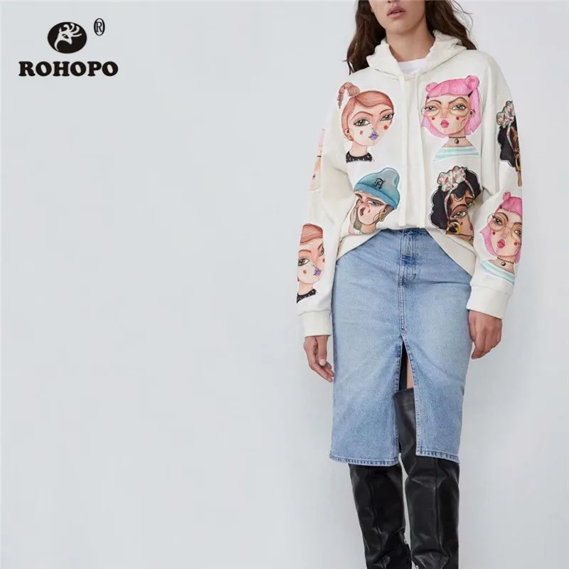 ROHOPO патч мультфильм с капюшоном белый свитер со шнуровкой шляпа длинными