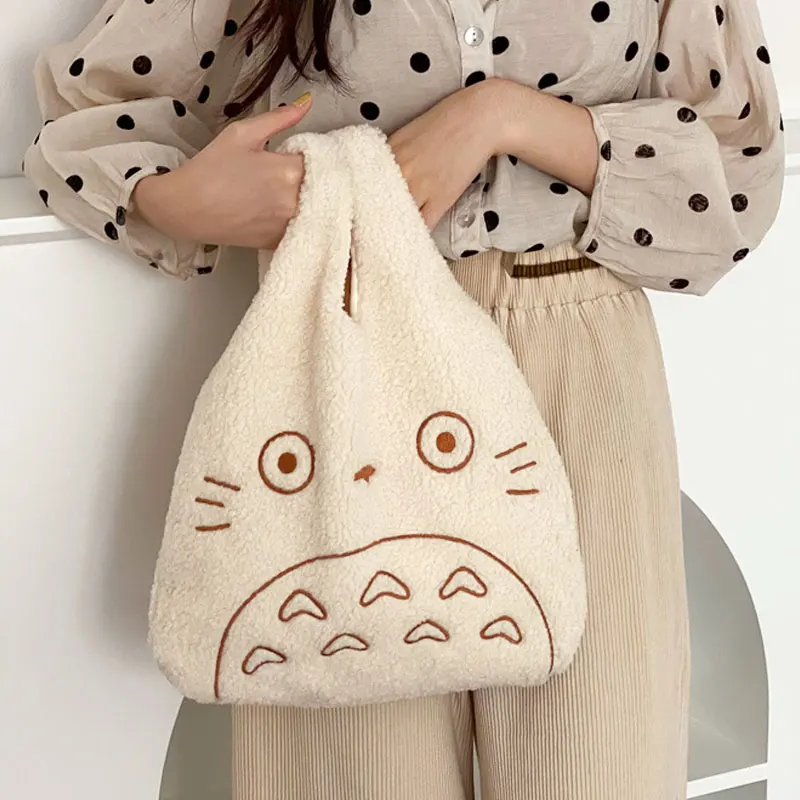 

Youda Ladies Cartoon Cat Embroidery Imitation Lamb Fleece Fabric Handbag Soft New Large Capacity Shopping Bag Girl Japan INS