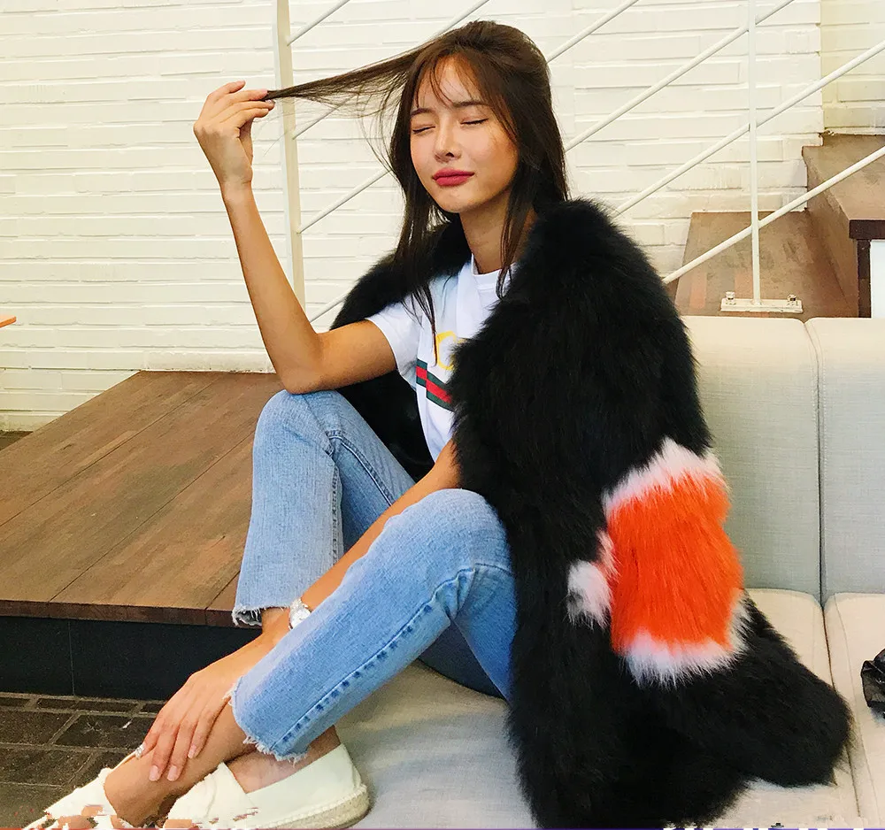 Женское пальто из лисьего меха черная куртка в Корейском стиле длинное на осень и