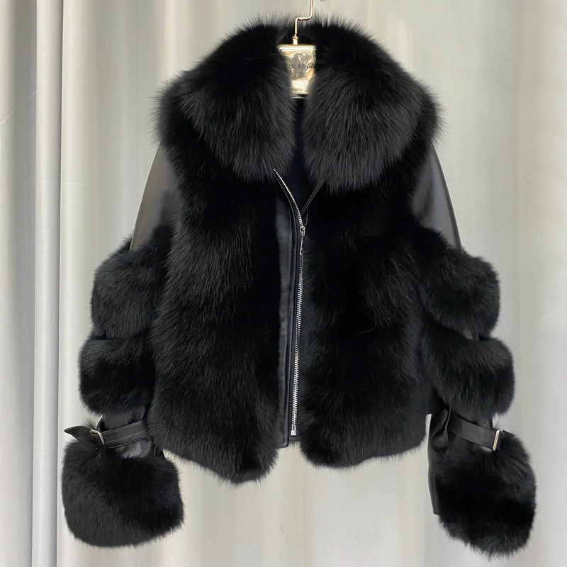 BFFUR 2022 Winter Fashion Women Real Fox Fur Coat Genuine Sheepskin Leather Jacket Natural Fox Fur Coats with Detachable Collar enlarge