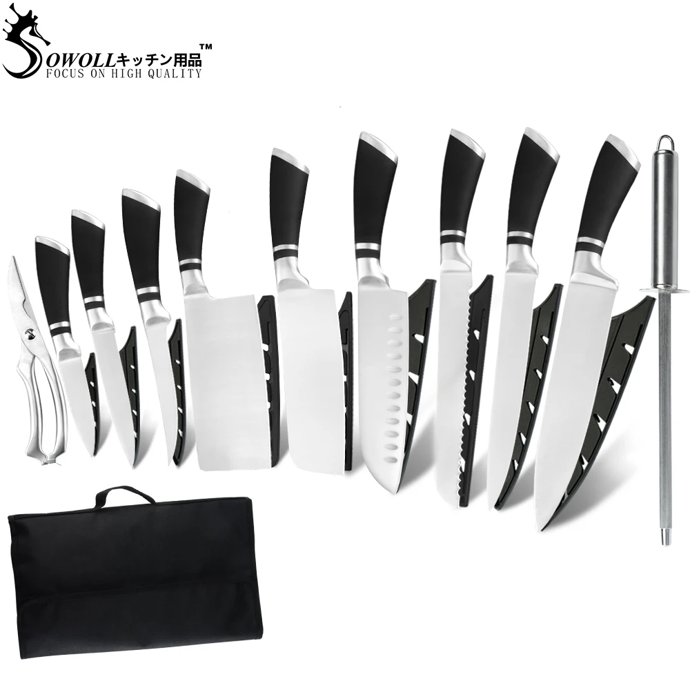 Sowoll набор кухонных ножей с рулонной сумкой ножницами заточенным лезвием 3CR13 нож