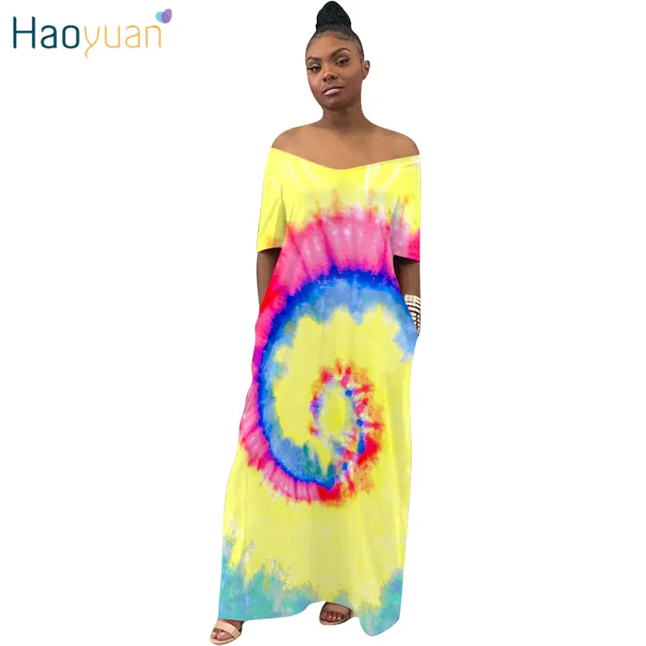 HAOYUAN Tie Dye сексуальное Макси платье женское осеннее с открытыми плечами длинное платье размера плюс свободное с коротким рукавом Бохо богемное пляжное платье