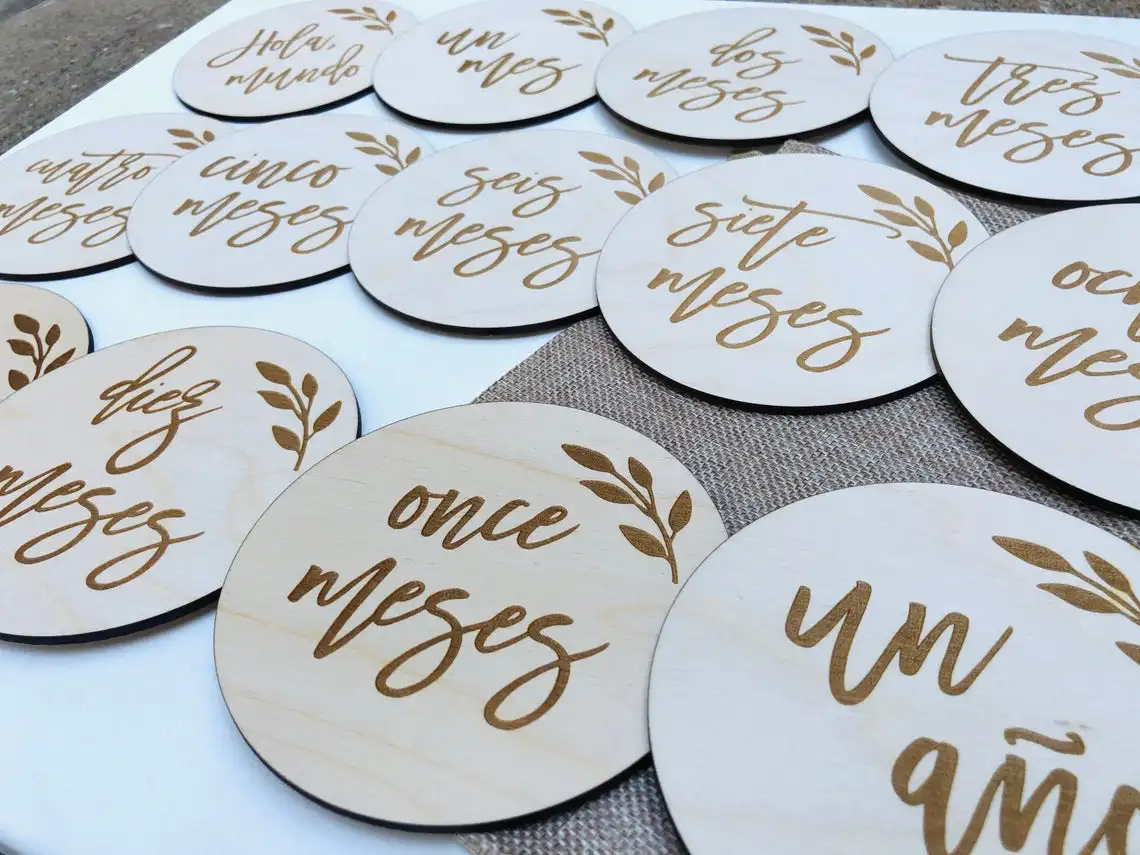 Discos de hitos espa&ntilde;oles para beb&eacute;, marcadores de madera, discos de nacimiento, accesorios para fotos de reci&eacute;n nacidos, Hitos de madera-3