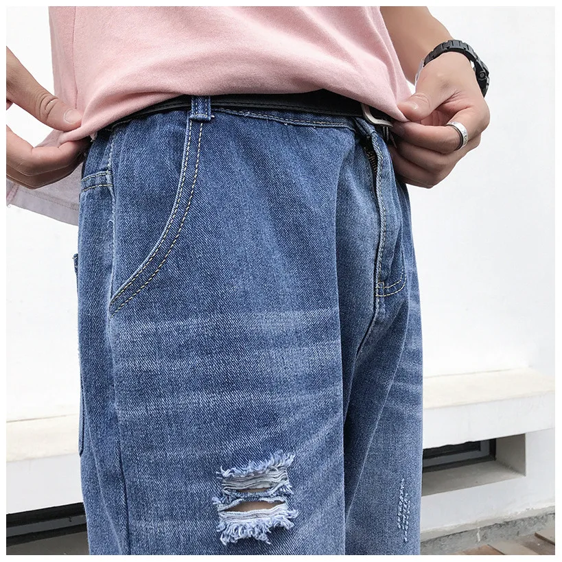 

Fashion Casual Men Jeans Solid Loose Ankle Length Denim Trousers Plus Size Men Summer Streetwear Hole Frayed Cuffs Jeans
