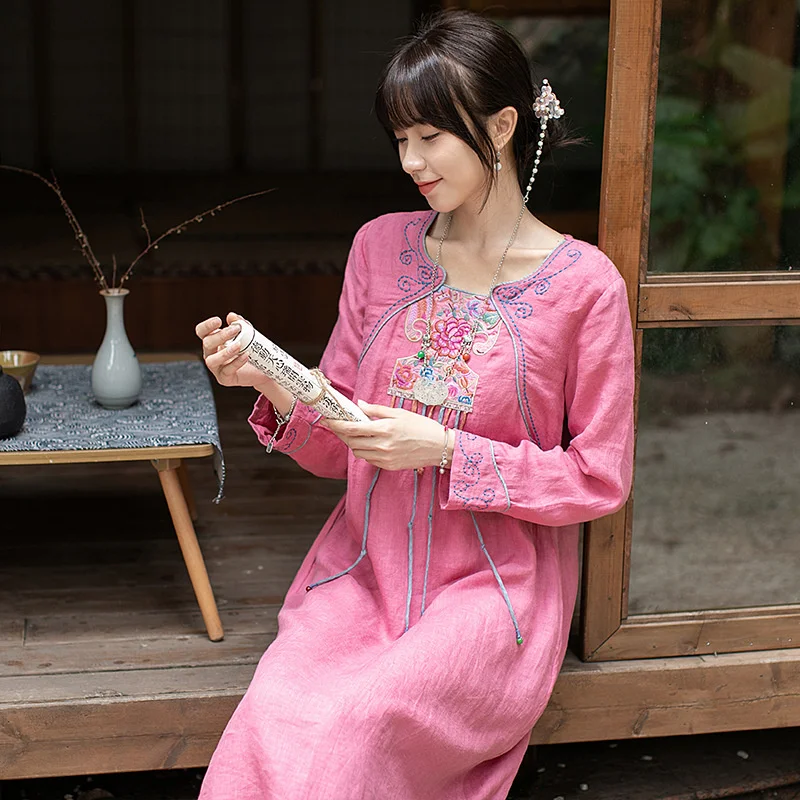 S21l31 disc button women's long sleeved Tang style linen dress mid autumn Chinese embroidered tea |