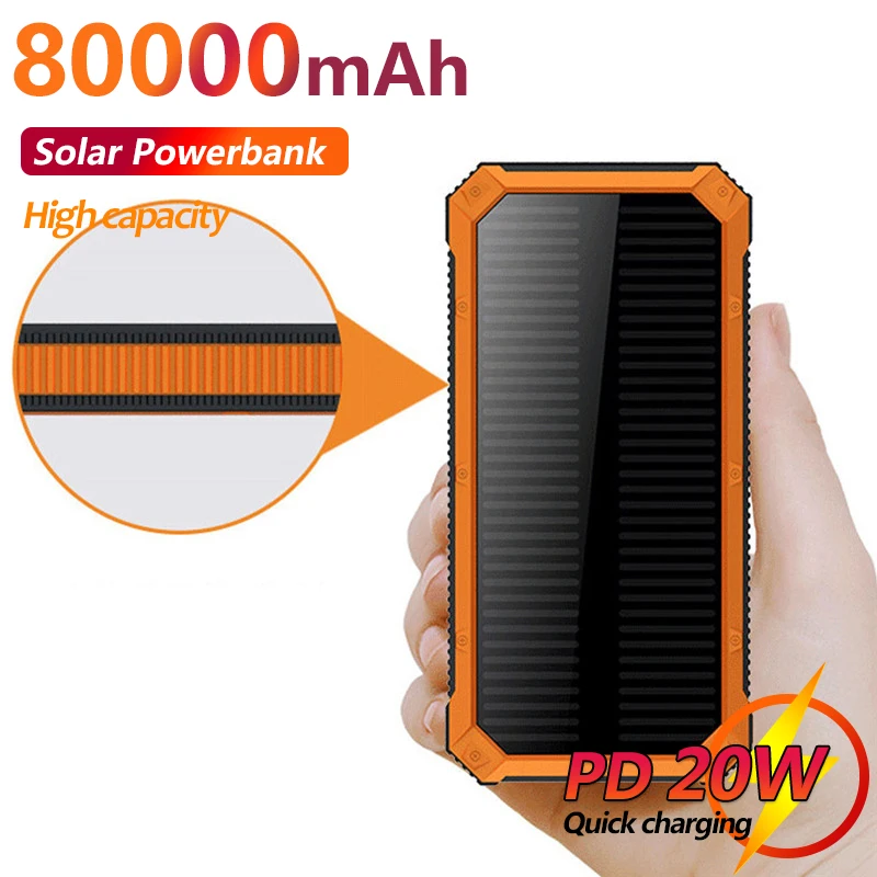 

Solar Power Bank 80000mAh for Camping Outing Waterproof Fast Charge External Battery Charger for Xiaomi IPhone Samsung