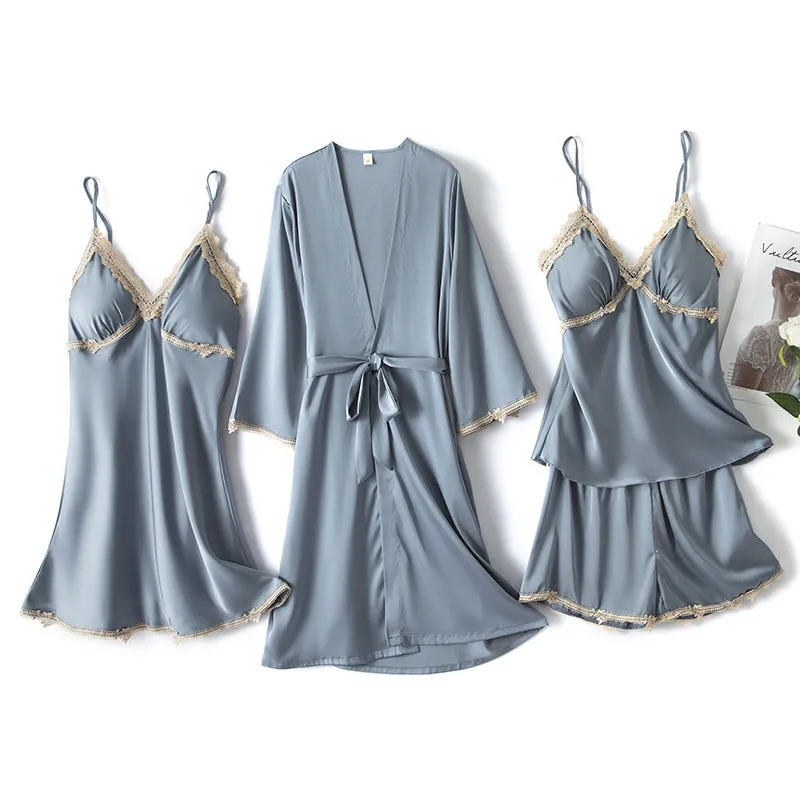 

Повседневная женская ночная рубашка, ночная рубашка, 4 шт., одежда для сна, атласное кимоно, халат, халат, нижнее белье, кружевная ночная рубаш...