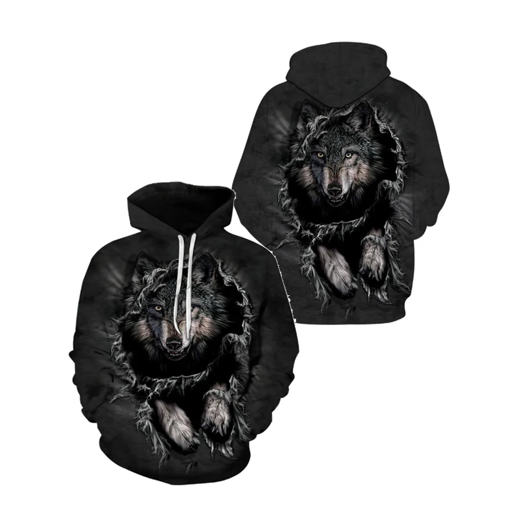 

USA Size Men's Fashion 3D Hoodie Black Cave Wolf Print Outdoor Animal Hunting Casual Pullover Streetwear