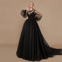 verngo modest black tulle evening dresses applique lace dotted puff long sleeves o neck sweep train prom gowns robe de soiree