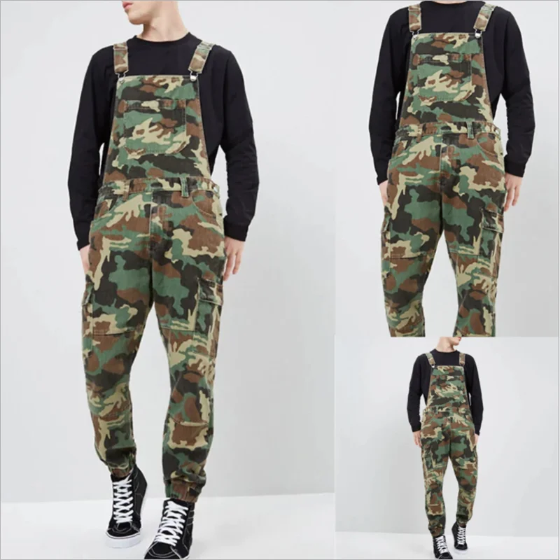 

Stylish Mens Camo Dungarees Work Overalls Bib and Brace Distressed Denim Camouflage Combat Jumpsuit Romper Pants Casual Trousers