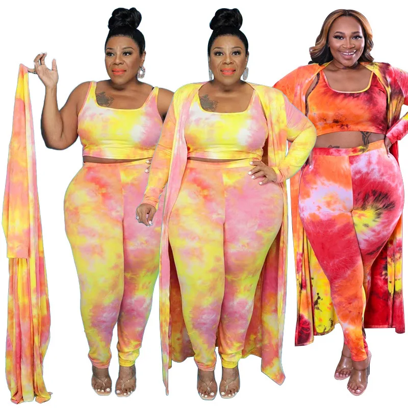 

Tie Dye Plus Size 3 Piece Set for Women Sexy Vest Crop Top Long Sleeve Coat Pencil Pants Suit Casual Street Wear Autumn Clothes