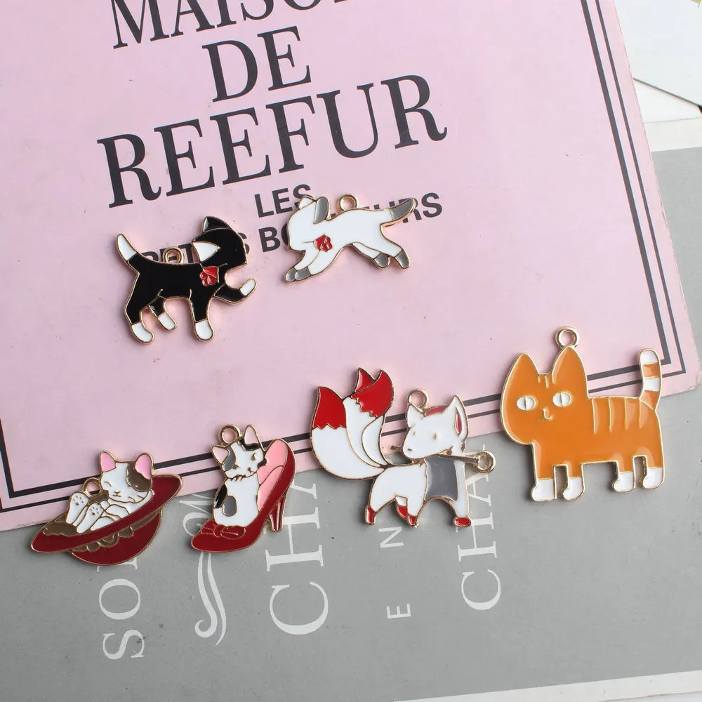 

10pcs Oil Drop Cats Animals Enamel Charms Metal Kitty Pets Earrings Bracelet Pendant Fit Women DIY Fashion Jewelry Accessory