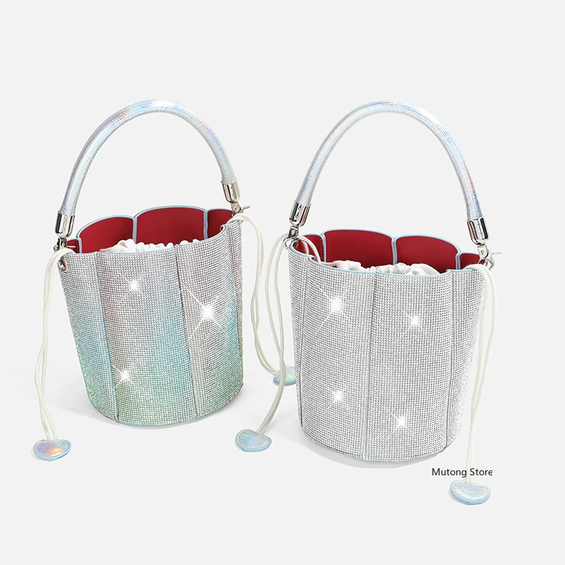 

Bling Crystal Bucket Bag Women Luxury Designer Handbag Bucket Shoulder Bag Rhinestone Top Handle Wedding Party Ladies Bags