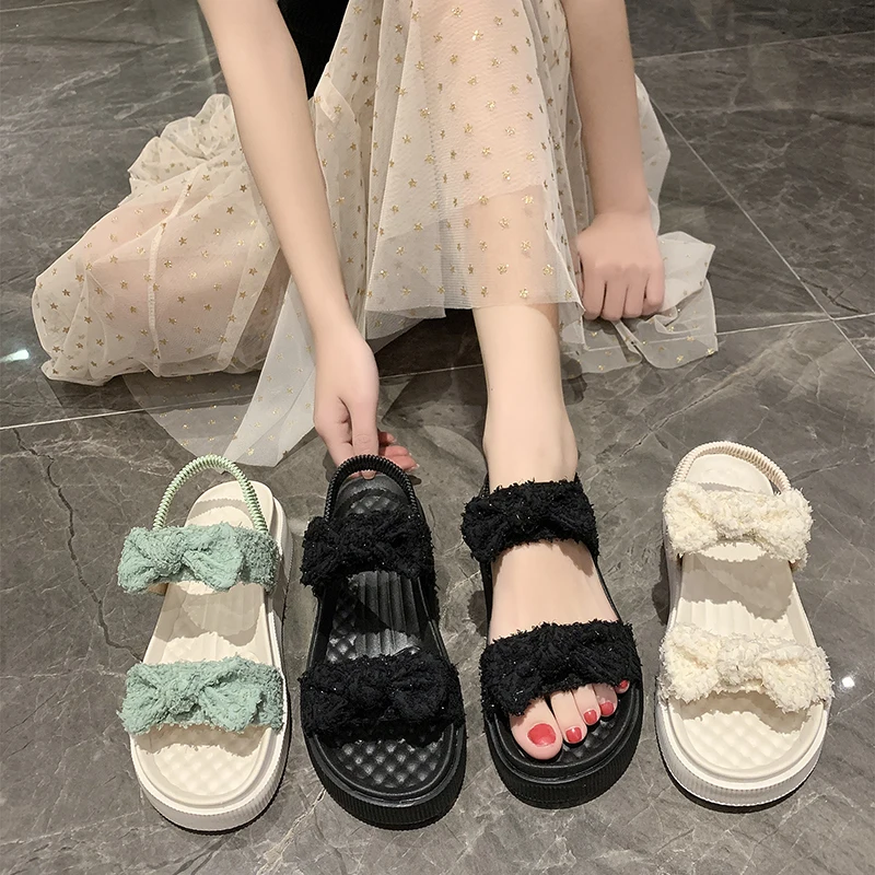 

Beach Sandal Woman Luxury Female Shoe Clear Heels Muffins shoe Clogs Wedge All-Match Girls Beige Bow 2021 Fashion Elastic Band F