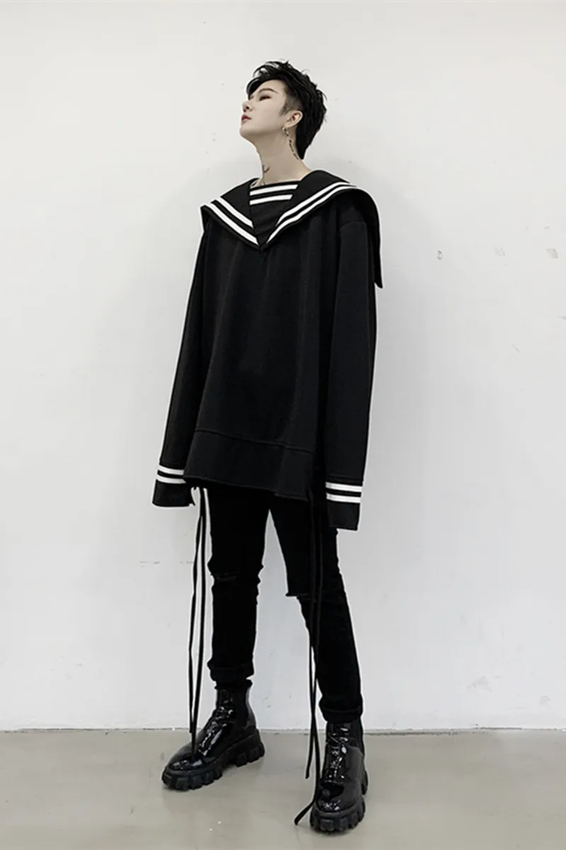 

New Men Preppy Style Big Collar Retro Fashion Casual Pullover Hoodie Streetstyle Male Women Couple Sea-striped Shirt Sweatshirt