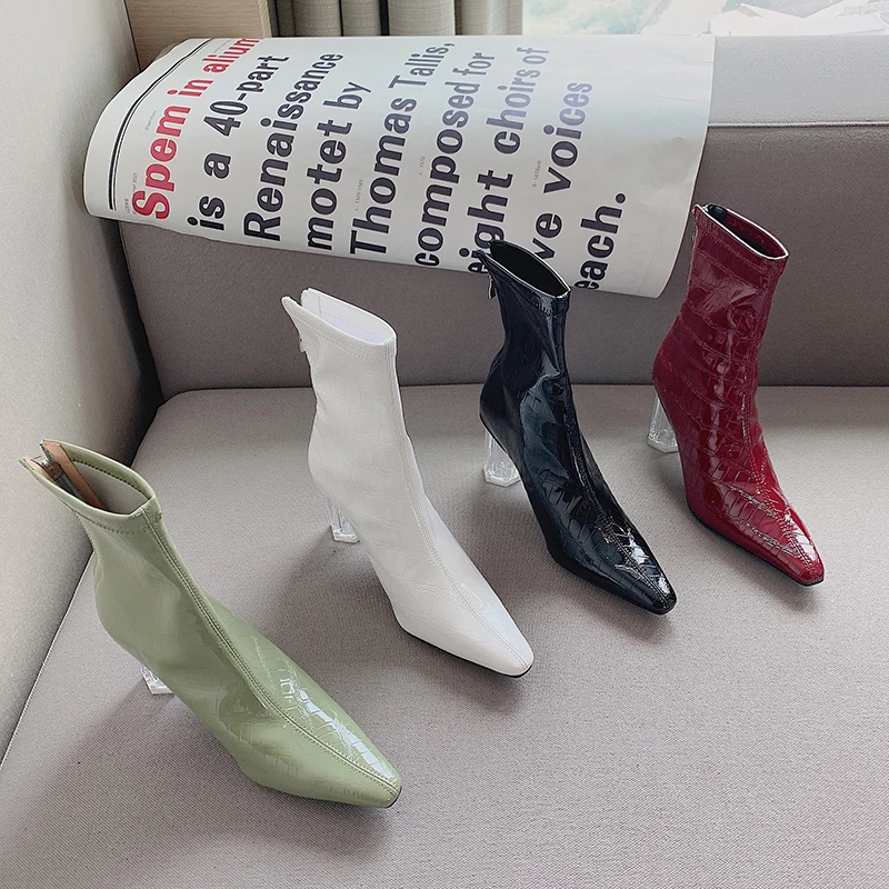 

Fashion Patent Leather Round Toe Thick High Heels Green/White/Red/Black Chelsea Boots Back Zipper Fashion Party Pumps Size 35-39
