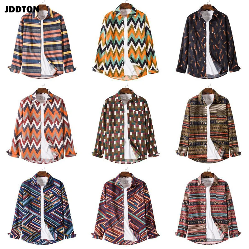 

JDDTON New Men's Corduroy Long Sleeve Shirts National Casual Breathable Comfortable Shirt Colorful Male Retro Loose Shirts JE471