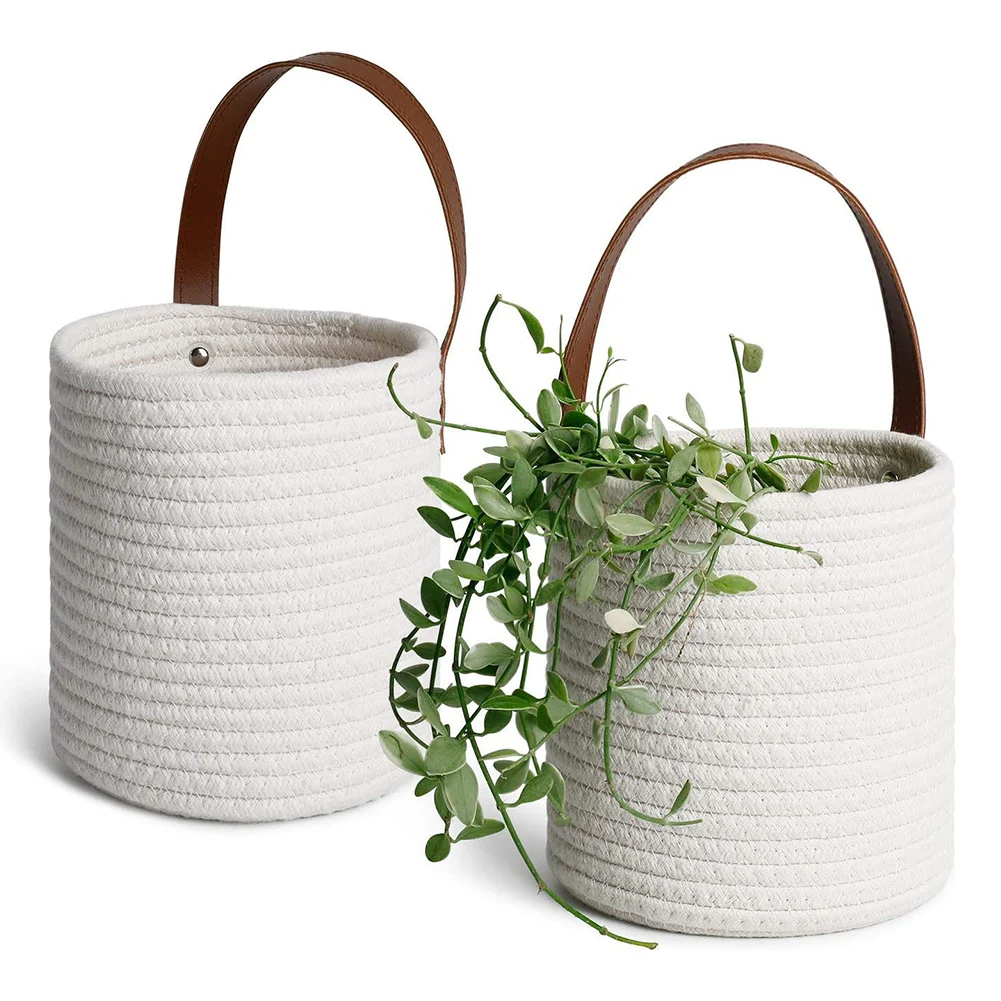 

Wall Hanging Sundries Storage Basket Sturdy Exquisite Cotton Rope Baskets with Strap Flower Basket Clothes Organizer Home Decor