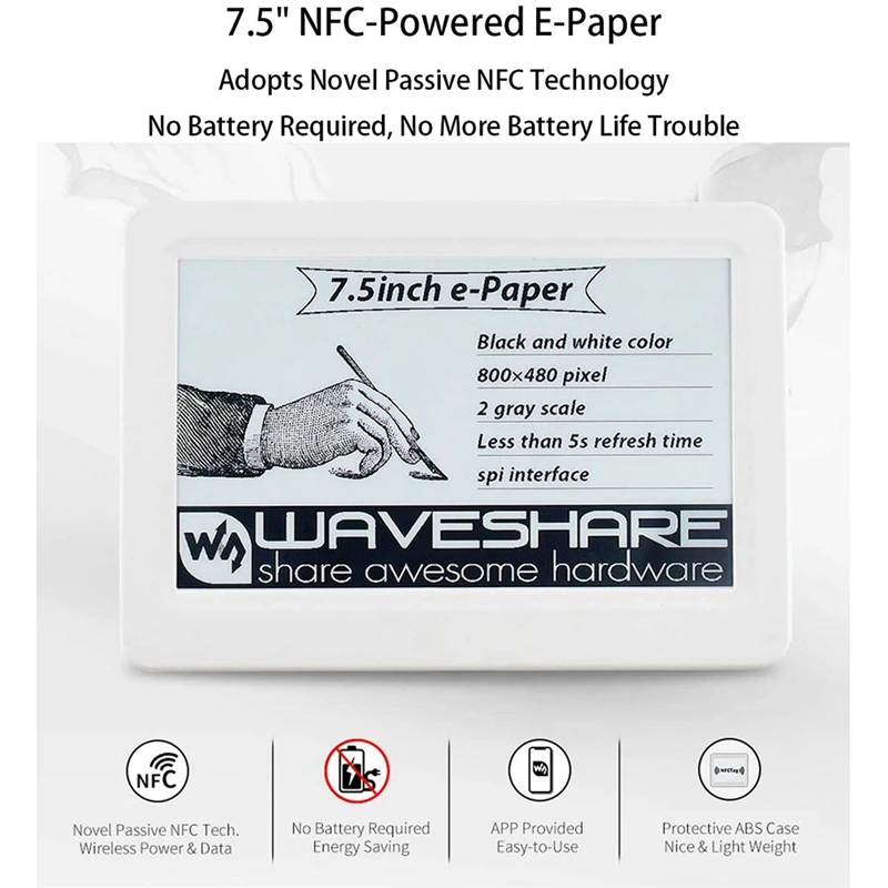

Электронная бумага Waveshare с пассивным NFC-питанием, 7,5 дюйма, черно-белый дисплей E-Ink, беспроводное питание и передача данных, не требует батаре...
