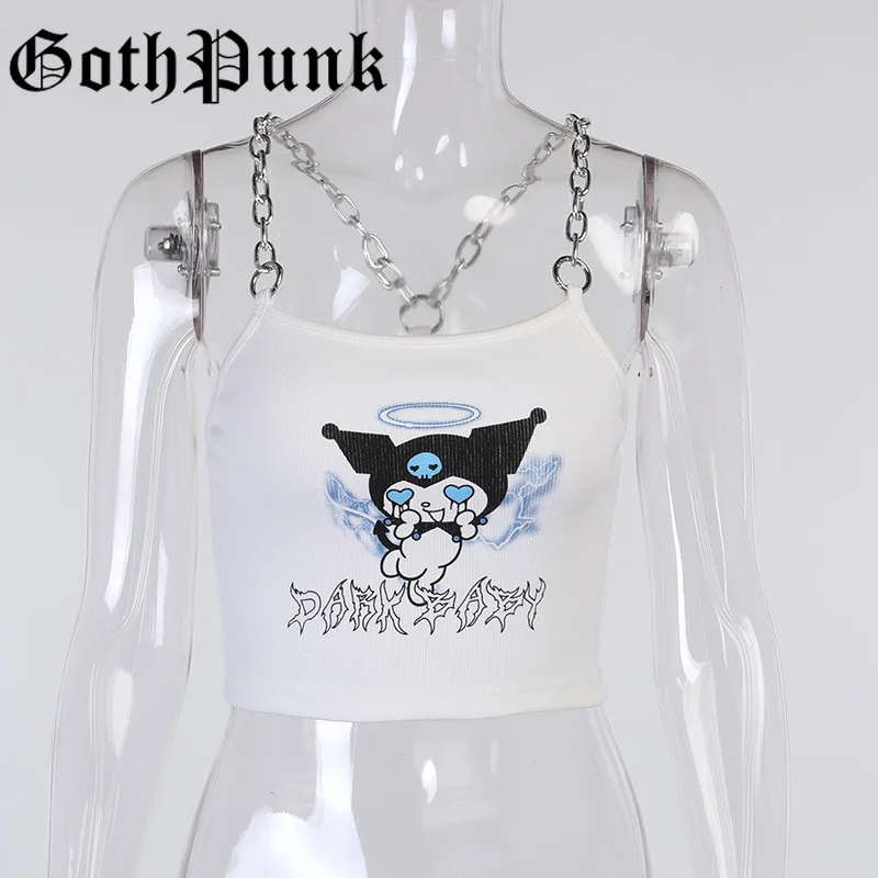 

Goth Punk Metal Chain Sexy Corset Tops Y2K Goth Devil Print White Camis Harajuku Female Streetwear Sleeveless Bodycon Crop Tops