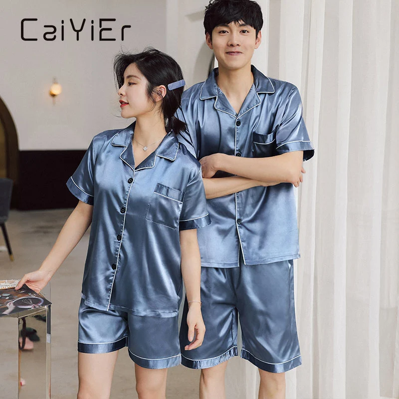 CAIYIER Summer Silk Lovers Pajamas Set Solid Turn-down Collar Women & Men Nightwear Casual Couple Sleepwear Suit Homewear M-3XL