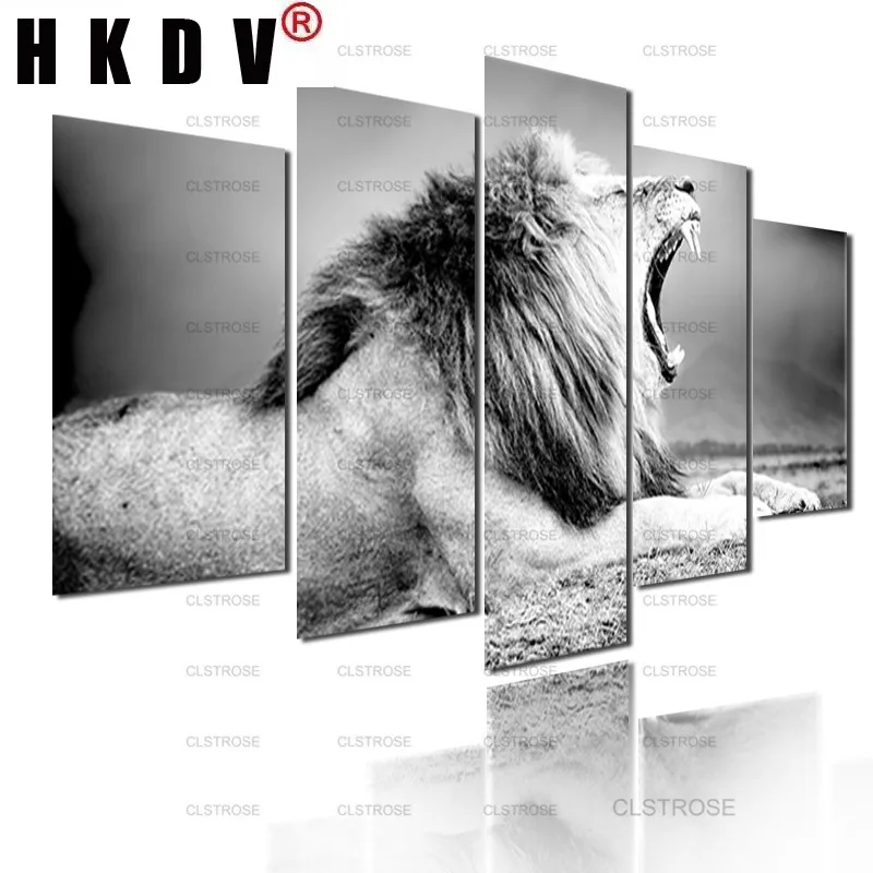 HKDV 5 панелей декоративная картина на холсте сила и величие Лев серый дом спальня