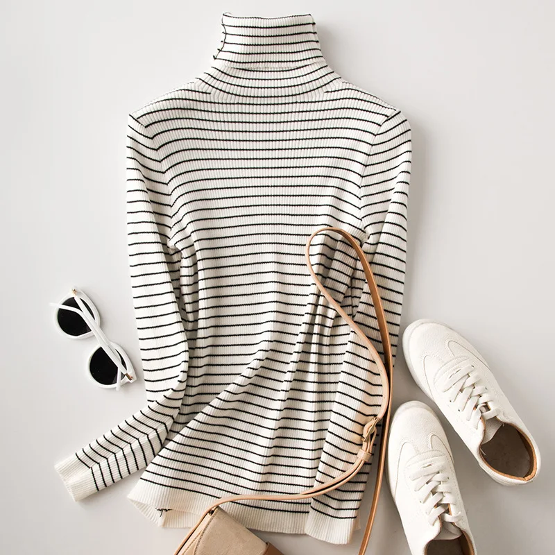 

Knitted White Sherhure 2023 Striped Long Sleeve Turtleneck Women Slim Sweater And Pullovers Pull Femme Tricot