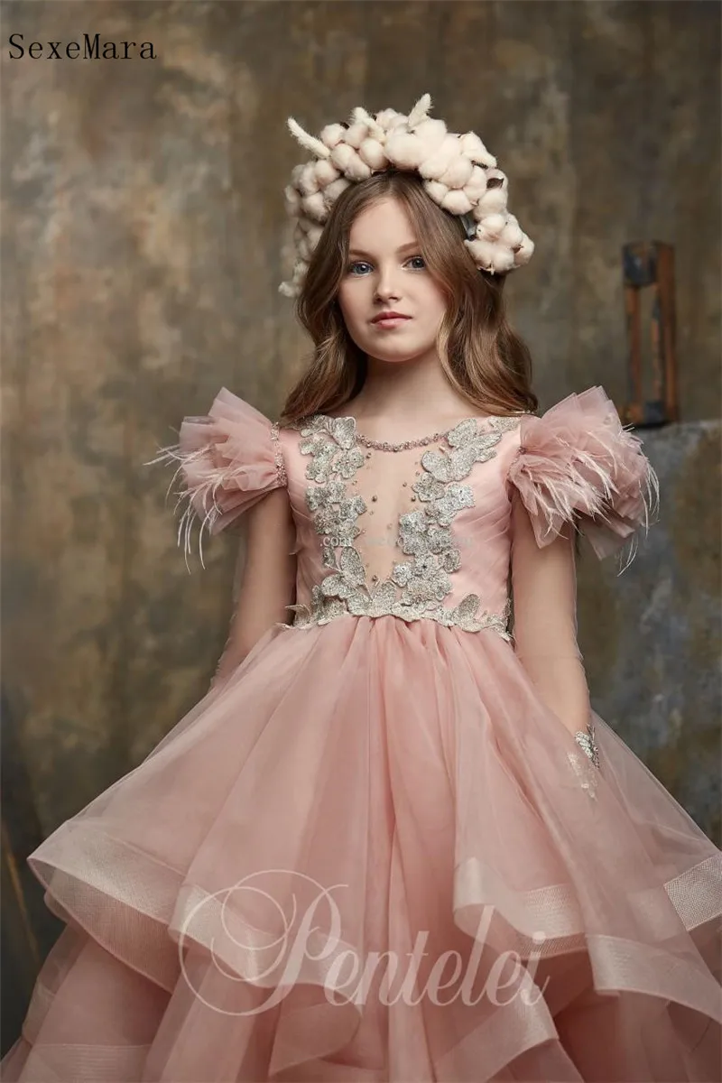 New Arrival Luxury Flower Girl Dresses For Wedding Sheer Bateau Neck Appliqued Pageant Gowns Ball Gown Custom Made | Детская одежда и