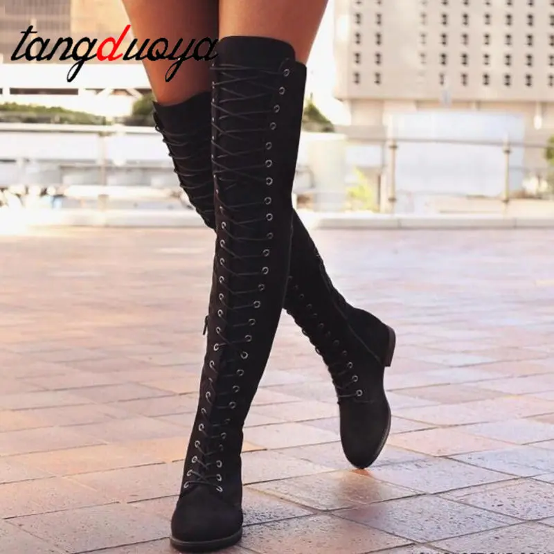 Женские замшевые ботфорты на шнуровке Сапоги выше колена в римском стиле высокие