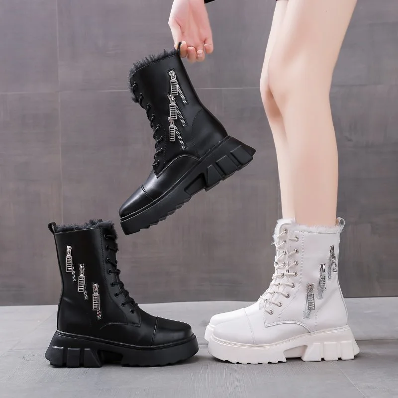 Leather Boots Women Punk Style Platform Boots Wedges Shoes for Women Black White Shoes Woman Snow Boot Warm Winter Fashion Shoes