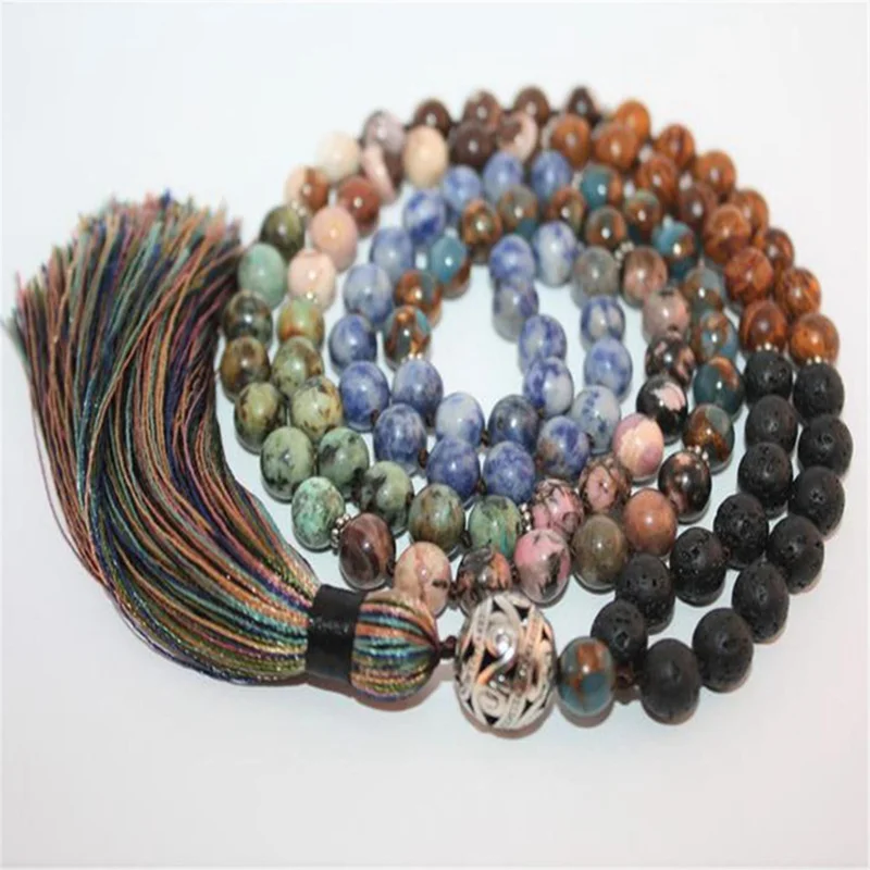 

8mm 7 Chakras Stone 108 Beads Handmade Tassel Necklace Tibetan Chakra Prayer
