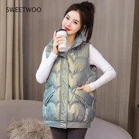 shiny winter padded vest loose womens zipper stand collar pockets ladies causal sleeveless jacket waistcoat for female 2021
