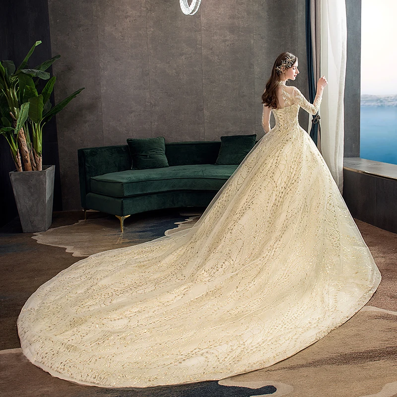 Gold Lace Muslim Wedding Dress With Big Train 2021 New High Neck Full Sleeve  Gown Vintage Bridal  X