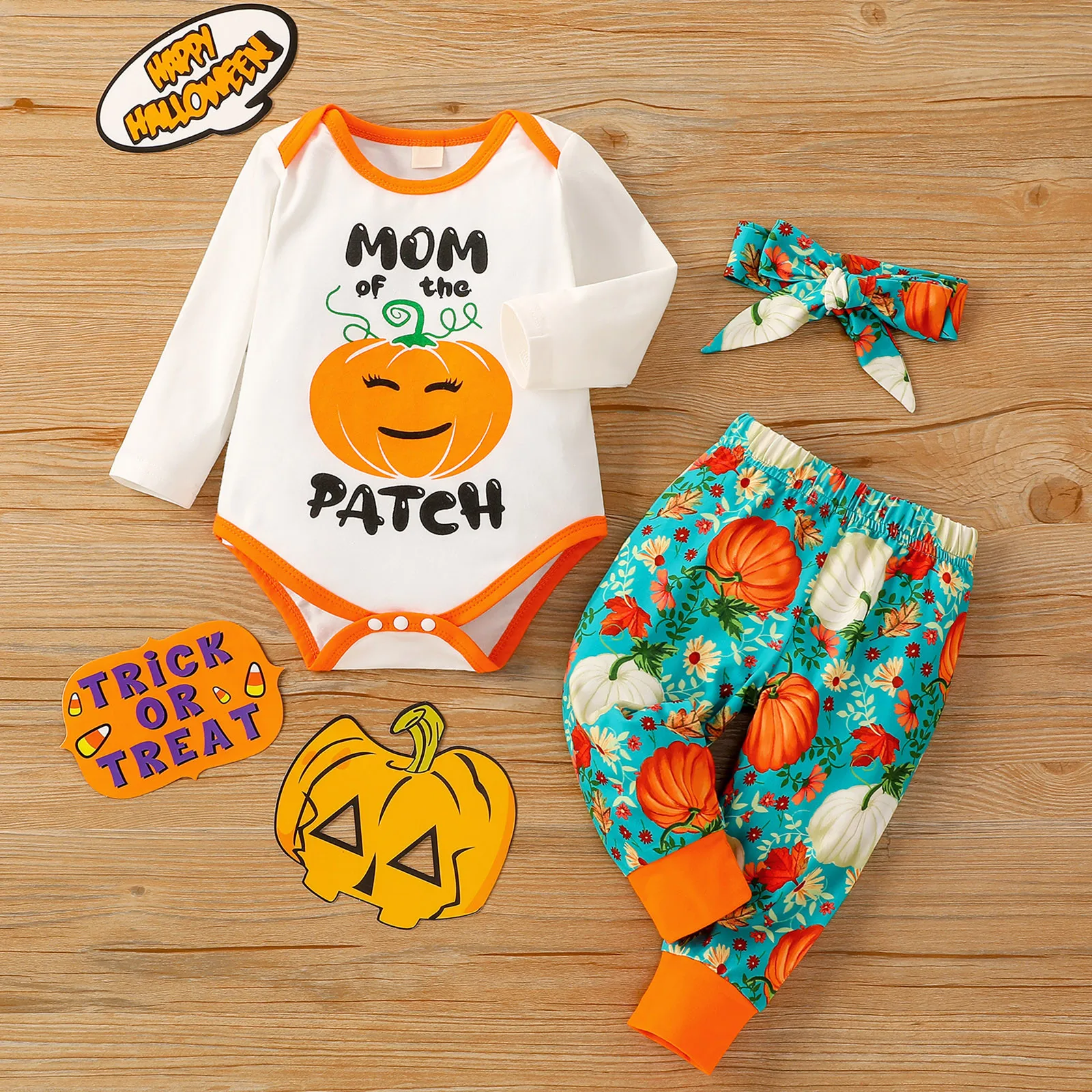 

3PCS Fashion Autumn Newborn Baby Girl Clothes Set Long Sleeve Halloween Pumpkin Letter Print Romper Pants Headband Outfits