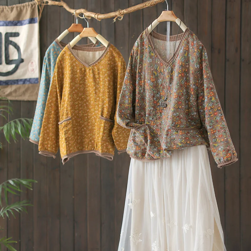 Винтажная футболка из хлопка и льна с цветочным принтом повседневная женская