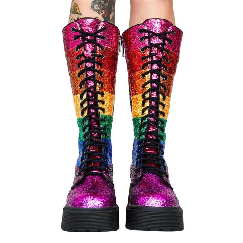 

MStacchi New Rainbow Color Platform Women Shoes Woman Thick Sole Cross-Tied Mid-Calf Boots Autumn Bling Bling Sequin Botas Mujer