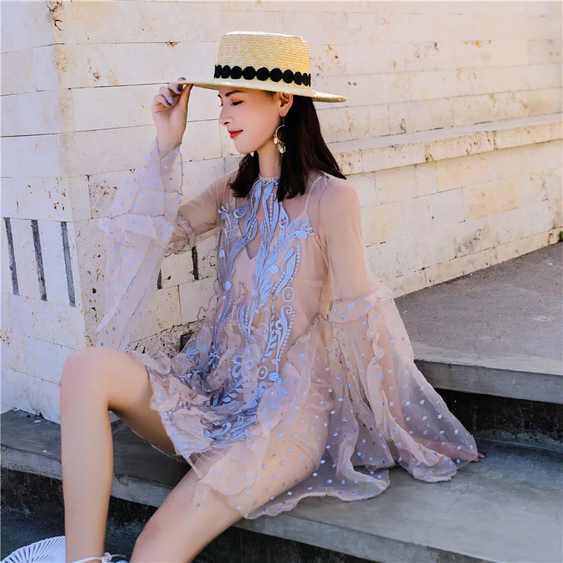 

Super fairy goddess lace embroidery trumpet sleeve mesh two piece beach skirt seaside holiday dress