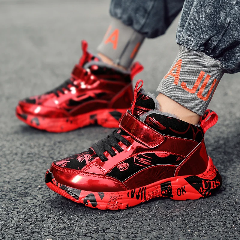 

Winter Children Shoes Velvet Boy Sports Fashion Casual Shoes Mirror Warm Fur Graffiti Pu Casual Outdoor Tennis Sneakers Children