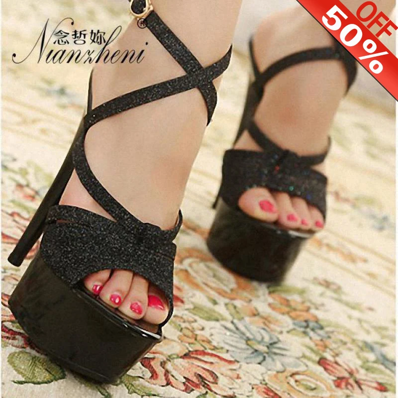 Сандалии на высоком каблуке 15 см туфли для ночного клуба и танцев блестящие