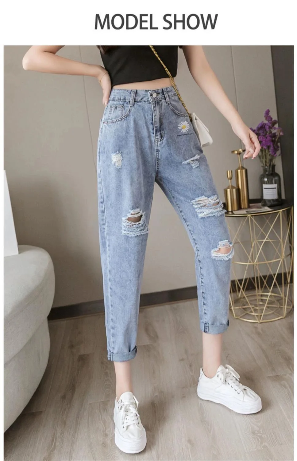 

Embroidered Daisy torn Jeans Women Loose Nine Point Pants Summer Thin High Waist Straight Trousers