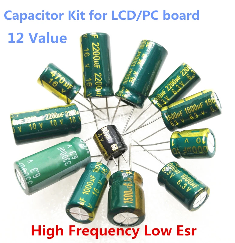 120 шт./лот 4V 6,3 V 10V 16V 35V 1000 мкФ 2200 мкФ 3300 мкФ 470 мкФ 680uf Алюминиевый электролитический конденсатор, алюминиевая крышка, комплект для ЖК-дисплей материнская плата компьютера